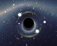 Een simulatie van een zwart gat met op de achtergrond de Large Magellanic Cloud. / Bron: Alain r, Wikimedia Commons (CC BY-SA-2.5)