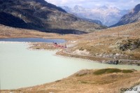 Ospizio Bernina. Bernina Express rijdt langs Lej Nair en Lago Bianco / Bron: sodraf